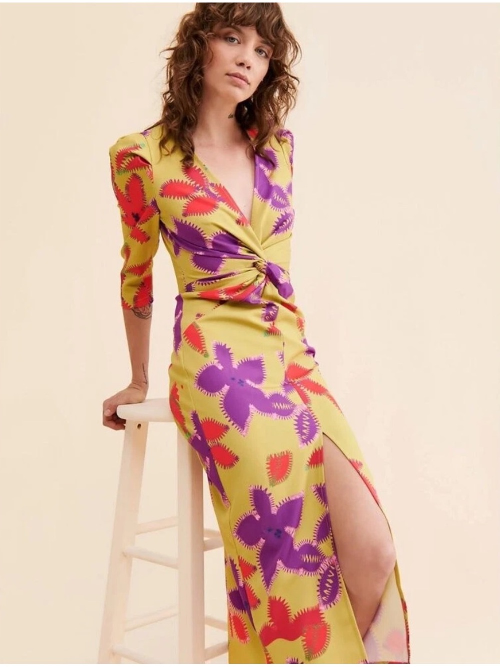 NWT Free people size M Yellow Floral Twist-Front midi Dress